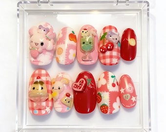 Kawaii Press On Nails, 3D Bunny Bear, Strawberry Cafe, Pink Gingham, Handmade