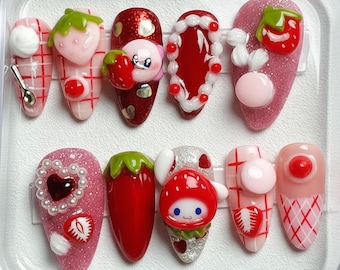 Handgemachte Erdbeerpresse auf den Nägeln, 3D-Fruchtdessert-Design