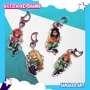 May include: Four acrylic keychains featuring colorful illustrations of cartoon characters. Each keychain has a silver-colored clasp. The keychains are in the shape of the characters, with the text "W.I.T.C.H. KEYCHAINS" at the top and "IAMJASS.ART" at the bottom.