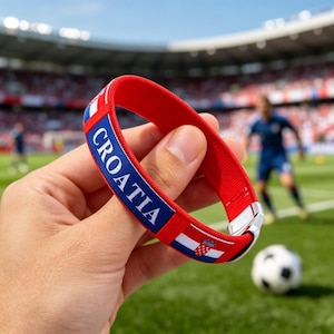 Puede incluir: Pulsera roja y blanca con la palabra "CROATIA" en azul. La pulsera presenta la bandera croata y un cierre plateado. El fondo muestra un campo de fútbol y un balón.