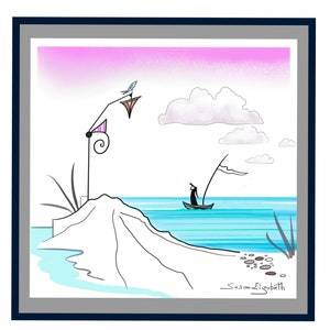 Nautical art, the seeker, minimalistic nursery pink blue fantasy Square line drawing dreamy soul journey internal world art