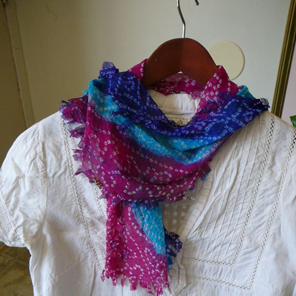 pure Silk mini scarf neck hair tie rainbow bohemian chiffon tie dyed upcycled sari fringed edged  scarflett rajastani design, ethnic tribal