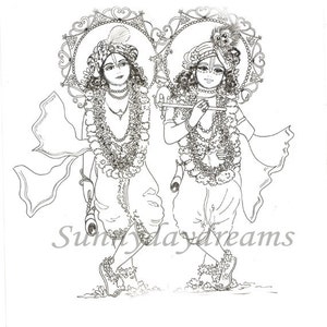 vintage Art, illustration, ink line drawing, Krishna and Balaram, India, The cowherd boys of Vrndavana