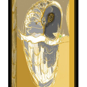 May include: A stylized digital illustration of a nautilus shell featuring a dark gray interior and a gold-toned exterior with intricate line work. The shell is set against a rectangular background with a vertical gold textured panel on the left side.