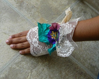 lacy wrist cuff feminine touch silk sequin flower shabbie chic glam glamor victorian punk