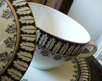 geometric gold black and white vintage soup bowl two handed tea cup elegant English china statement decor classic design perfect gift