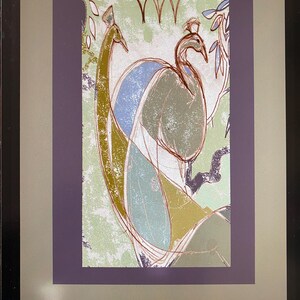 May include: A rectangular print featuring two stylized peacocks in shades of olive green, light blue, and brown. The design uses thin, dark brown contour lines over a textured, light green background, with the text peacock x at the top left.