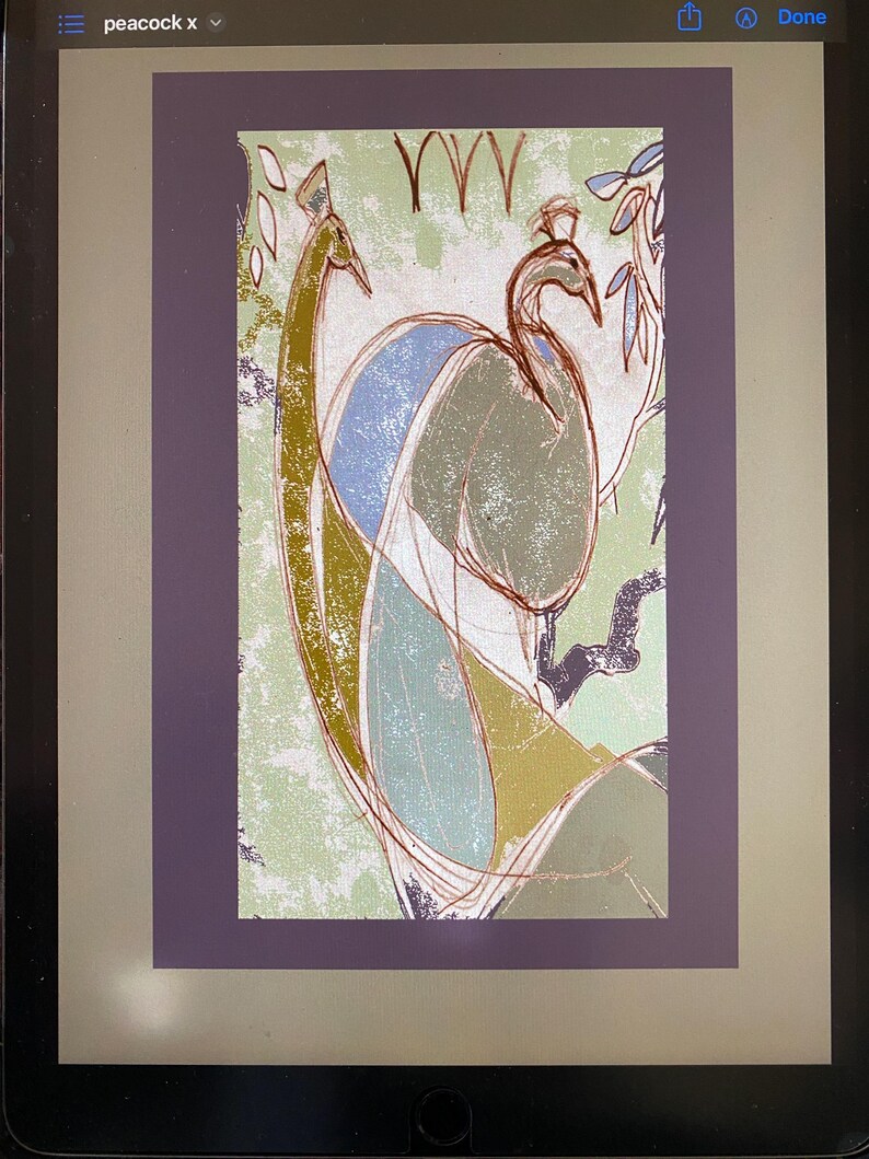 May include: A rectangular print featuring two stylized peacocks in shades of olive green, light blue, and brown. The design uses thin, dark brown contour lines over a textured, light green background, with the text peacock x at the top left.