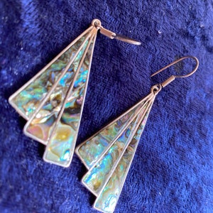 Fan radiance earrings abalone paua shell peacock color iridescent dress earrings