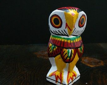 Funky wooden owl hand painted primitive  art ornament