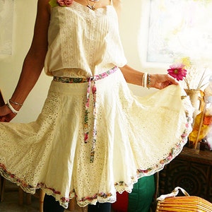 cream cotton embroidery anglaise skirt dreamy summer full circle panel skirt knee length  quality cotton lace girls short cottage chic