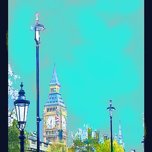 May include: A painting of Big Ben, the famous clock tower in London, with a blue sky and streetlights in the foreground.