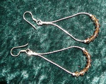 Elegant teardrop chain hoops, Sterling silver 9.25 earings with cut crystals, unique design