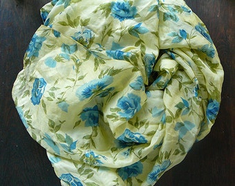 Square scarf pure silk primrose yellow cornflower blue roses spring trends flower design versatile gift for her