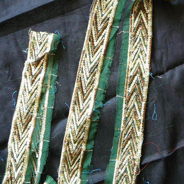 embellishments up cycled sari trim boarder sequinned geometric chevron design gold on green chiffon yardage