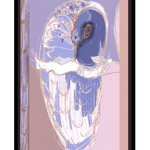 May include: A digital illustration of a peacock in profile, rendered in shades of lavender, periwinkle, and white. The bird features intricate gold-toned line work outlining its feathers and head, set against a soft pink rectangular background.