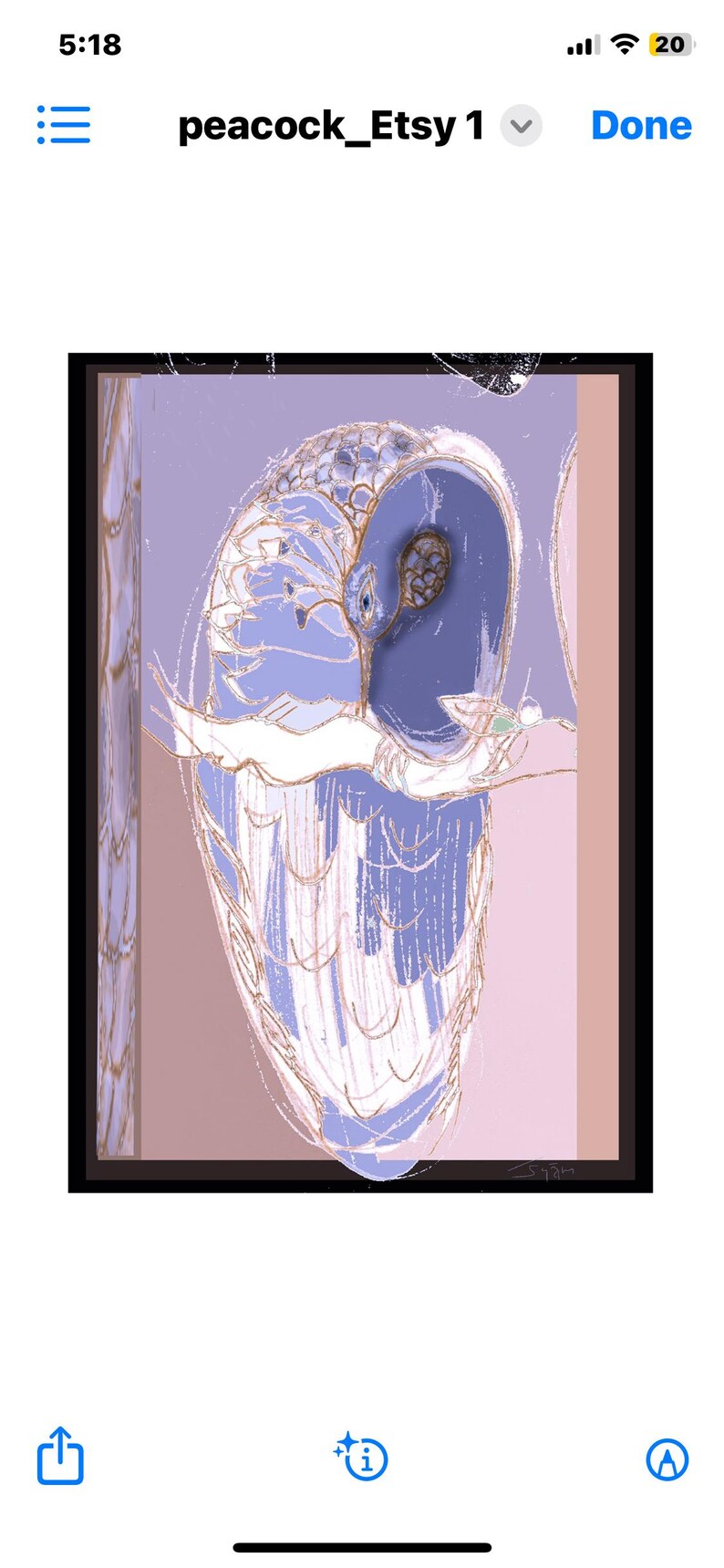 May include: A digital illustration of a peacock in profile, rendered in shades of lavender, periwinkle, and white. The bird features intricate gold-toned line work outlining its feathers and head, set against a soft pink rectangular background.
