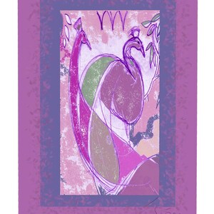 May include: A rectangular art print featuring two stylized peacocks in shades of magenta, purple, and green against a textured pink background. The composition is framed by a purple border with a signature in the bottom right corner and the text YYY.