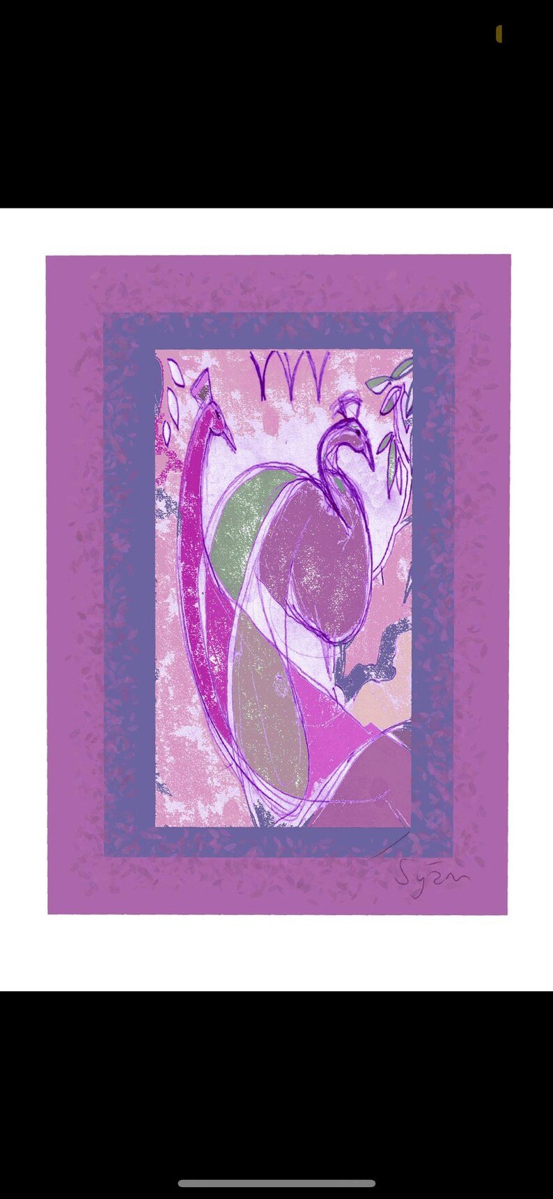 May include: A rectangular art print featuring two stylized peacocks in shades of magenta, purple, and green against a textured pink background. The composition is framed by a purple border with a signature in the bottom right corner and the text YYY.