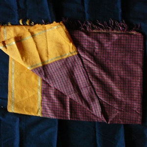 checked silk sari great condition yardage by the 2 yards up cycled red yellow black with yellow boarder yardage fat quarters whole sari image 1