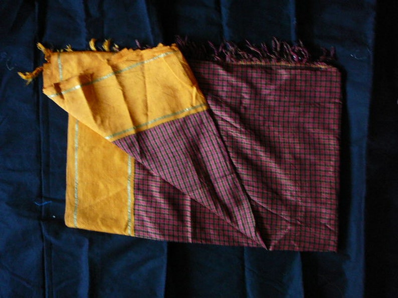 checked silk sari great condition yardage by the 2 yards up cycled red yellow black with yellow boarder yardage fat quarters whole sari image 1