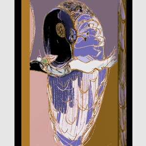May include: A digital illustration featuring a stylized bird with a dark head and a body composed of layered purple, white, and gold line patterns. The bird is set against a background of vertical panels in shades of brown, pink, and purple.