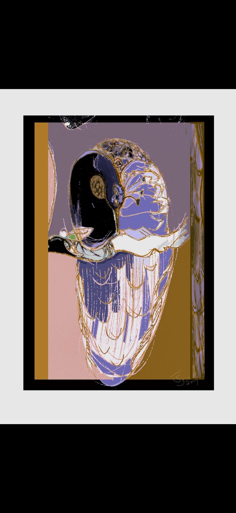 May include: A digital illustration featuring a stylized bird with a dark head and a body composed of layered purple, white, and gold line patterns. The bird is set against a background of vertical panels in shades of brown, pink, and purple.