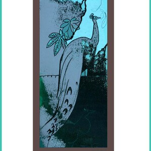 May include: A rectangular wall art print featuring a stylized black peacock silhouette against a vibrant cyan and dark green background. The peacock stands in profile with its long tail feathers hanging down, surrounded by dark leaf outlines.