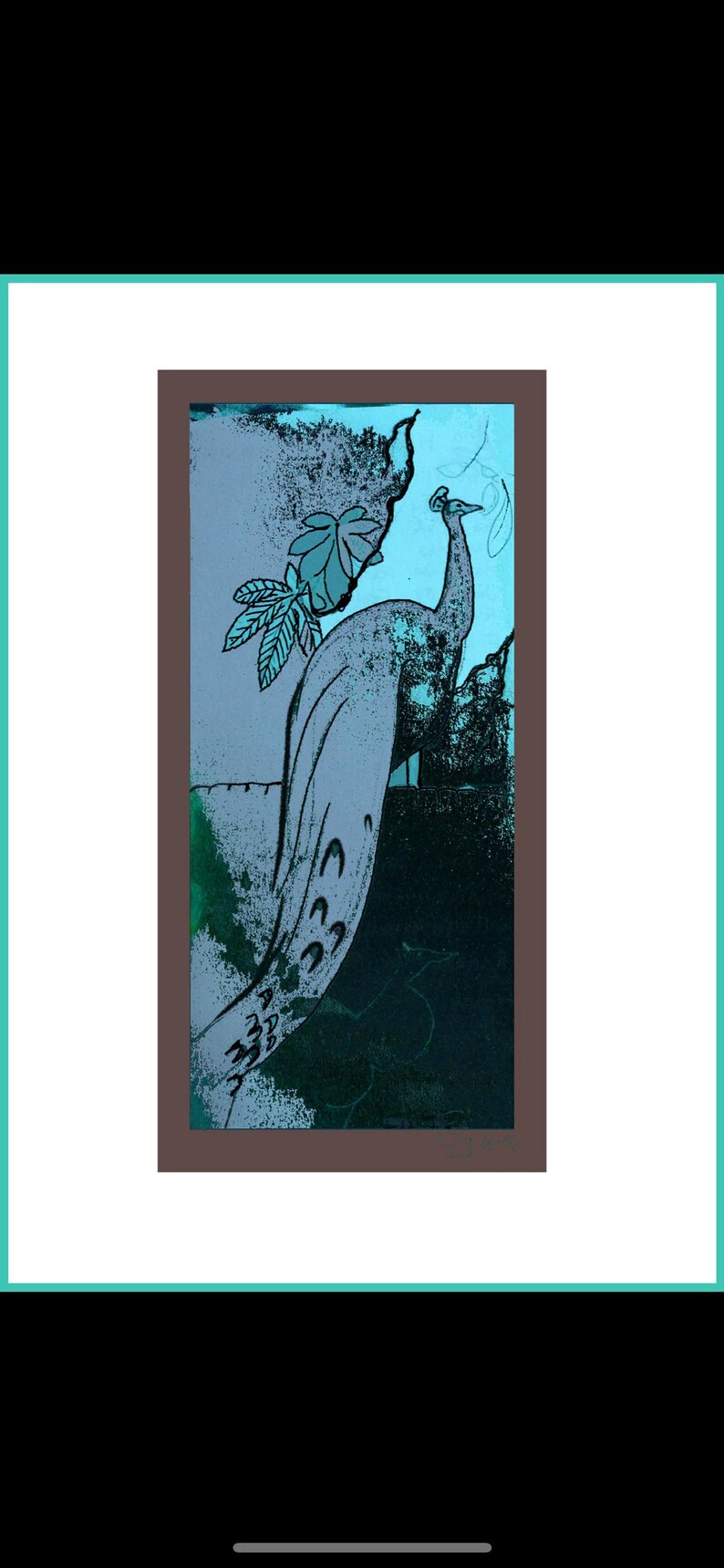 May include: A rectangular wall art print featuring a stylized black peacock silhouette against a vibrant cyan and dark green background. The peacock stands in profile with its long tail feathers hanging down, surrounded by dark leaf outlines.