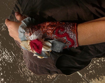 steam punk wrist cuff  hand embroidered silk edwardian pretty elegant salvaged textile victorian decadent dust of legends,