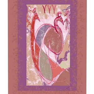 May include: A rectangular art print featuring two stylized peacocks in shades of red, purple, and beige. The design includes a textured border, abstract line work, and the handwritten text 'YYY' at the top center and a signature at the bottom right.