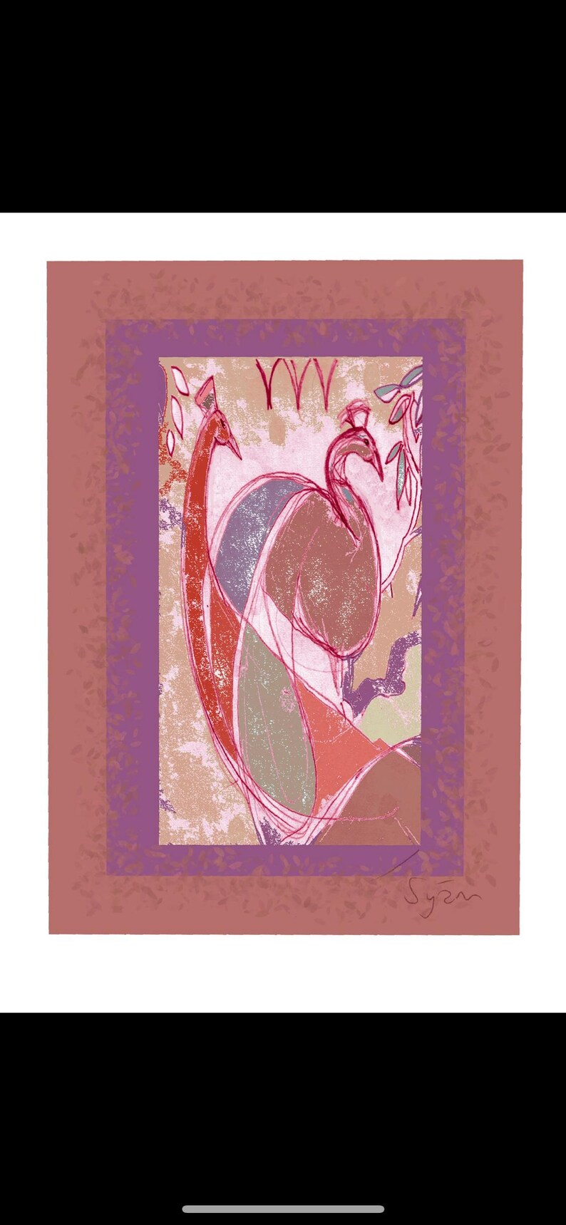 May include: A rectangular art print featuring two stylized peacocks in shades of red, purple, and beige. The design includes a textured border, abstract line work, and the handwritten text 'YYY' at the top center and a signature at the bottom right.