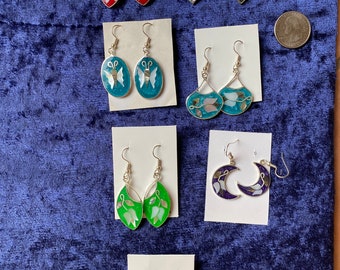 Oval moon drop earrings butterfly flower designs enamel and paua inlay handmade