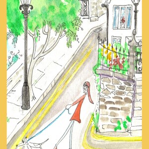 Freda walking freddy, quirky line art, whimsical, dog art, watercolor sketch, Holiday mood,  Britain animal love cards prints ink drawing
