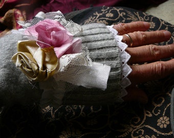 Cashmere elegant wrist cuff softest grey  with lace and silk flowers, edwardian victorian winter warmers