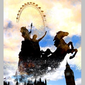 May include: Silhouette of a statue of a woman riding a horse in front of the London Eye and Big Ben. The statue is partially obscured by clouds. The image is in a watercolor style.