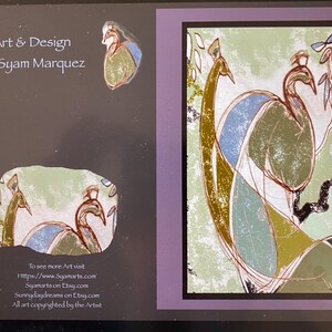 May include: A rectangular print featuring stylized peacocks in shades of olive green, light blue, and brown outlines on a pale green background. The text Art & Design by Syam Marquez is visible, along with smaller peacock illustrations and a QR code.