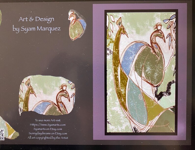 May include: A rectangular print featuring stylized peacocks in shades of olive green, light blue, and brown outlines on a pale green background. The text Art & Design by Syam Marquez is visible, along with smaller peacock illustrations and a QR code.