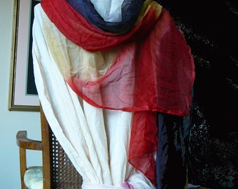 Chiffon shawl, chiffon wrap, large scarf throw, upcycled shawl, postbox red, navy, dynamic yellow broad stripes,yardage fabric