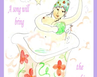 Beatrice in bath with a song. Inspirational fun art archival print, whimsical line art, quirky watercolor, colorful fun, inspirational