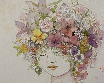 Goddess art forest flowers girl healing original art and prints watercolor on canvas Radhe soft pinks gift for her or him