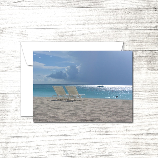 Two Beach Chairs by the Sea | Blank Greeting Card |Fine Art Photography Note Card , Caribbean Note Card Blue, White, Sand
