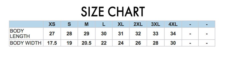 Peut inclure: Tableau des tailles pour v&ecirc;tements avec des mesures en pouces pour la longueur et la largeur du corps. Les tailles comprennent XS, S, M, L, XL, 2XL, 3XL et 4XL.