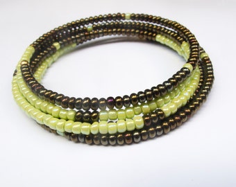 Memory Wire Bracelet | Brown & Green Seed Bead Bracelet | Gift for teen | Gift for her | Statement Bracelet