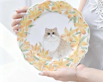 Hand Painted Pet Portrait Plate, Orange Floral Ceramic, Custom Memorial