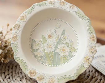 Hand-Painted Floral Relief Ceramic Plate | 3D Flower Art Decor