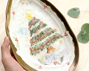 Hand-painted Christmas Tree Ceramic Decorative Plate - Festive Table Decor, Holiday Home Accent, Christmas Gift