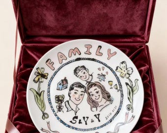 Personalized Family Portrait Ceramic Plate, Hand-Painted Family Keepsake, Custom Anniversary Gift, Heartwarming Home Decor
