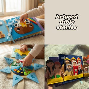 May include: A multi-page felt activity book with the text "beloved Bible stories". The book features interactive elements, including a felt ark with animals, a counting game, and Bible story characters. The pages are in various colors, including blue, yellow, and beige.