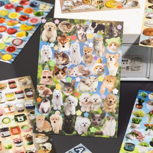 Puede incluir: Una hoja de pegatinas rectangular que presenta un collage de varias razas de perros y gatos, incluyendo golden retrievers, shiba inus y perros blancos esponjosos, intercalados con peque&ntilde;as pegatinas de flores de colores sobre un fondo verde.